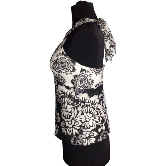 WHBM Size 2 Halter Top Black White Floral Pattern Keyhole Front Tie Back Lined - Picture 2 of 8